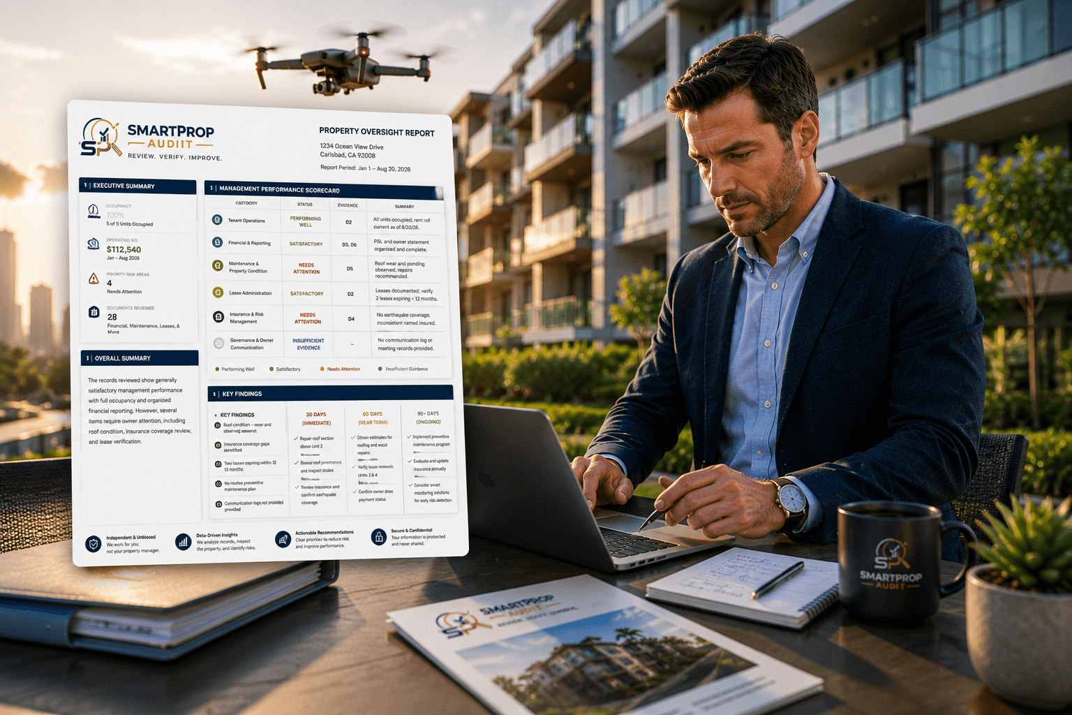 SmartProp Audit property oversight assessment showing professional review, property analysis, inspection findings, and owner recommendations.