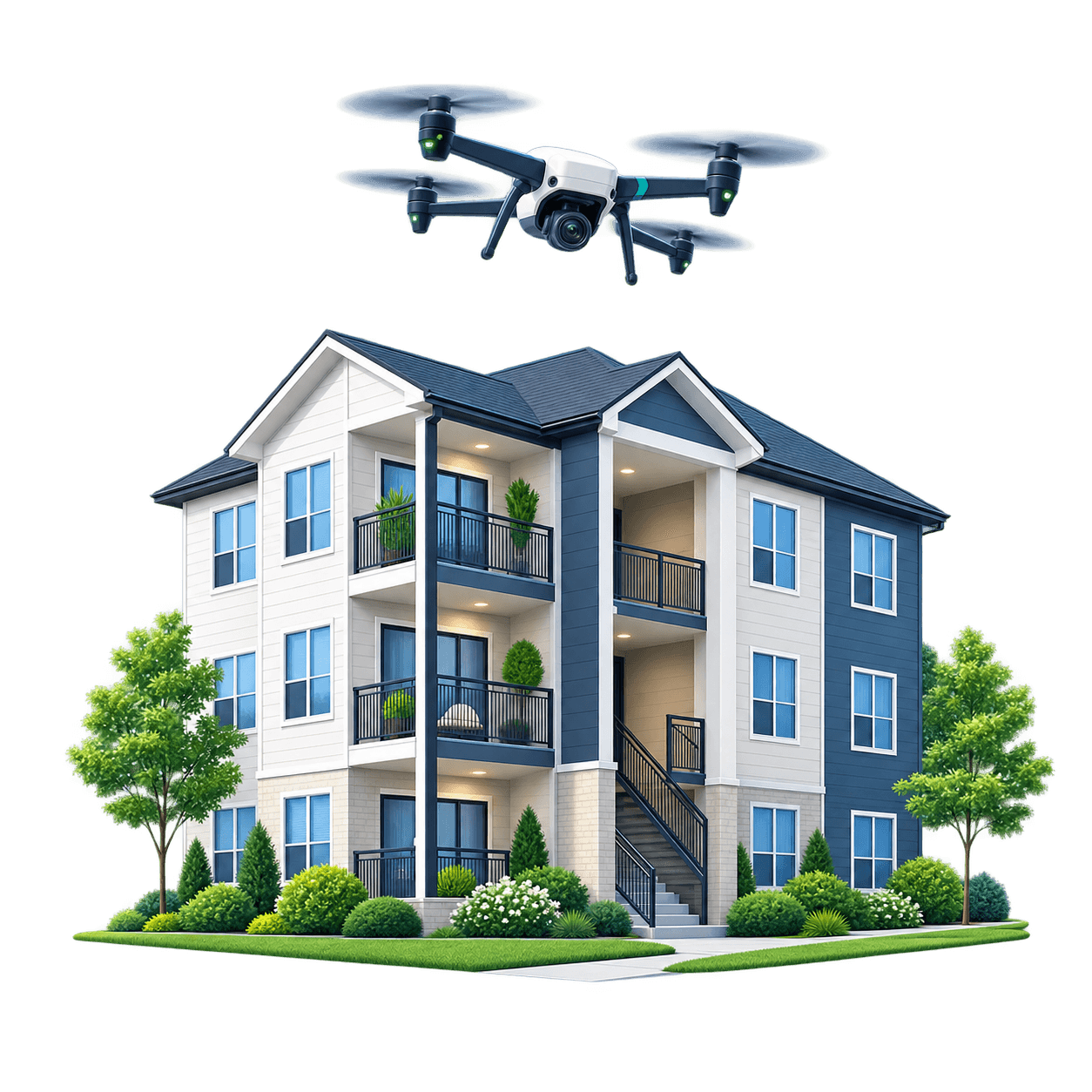 A rental property with a drone overhead, representing an independent on-site property review