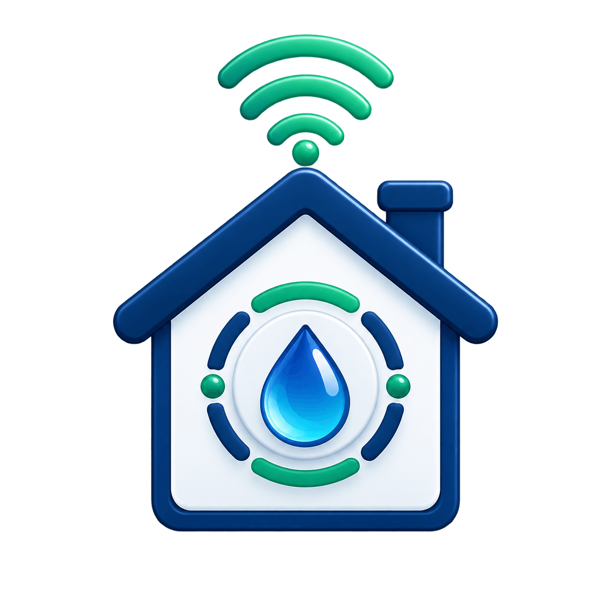 A home with a wireless leak sensor and signal icon, representing recommended smart property-monitoring solutions