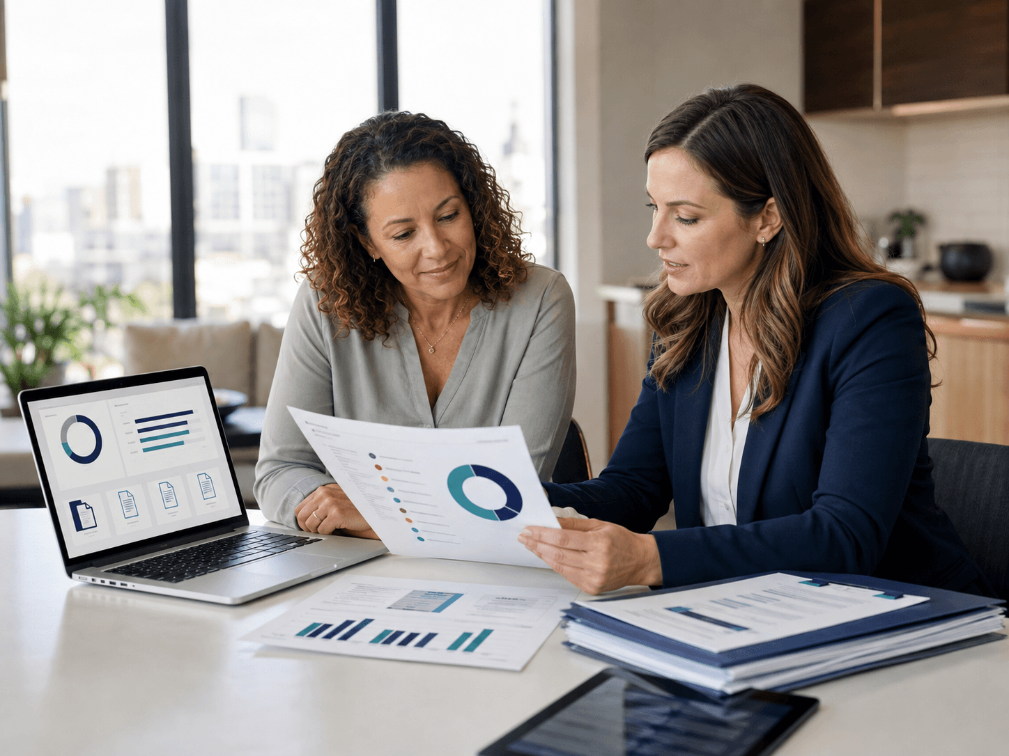 Laptop screen showing AI-assisted review status for property management agreements, financials, maintenance, and insurance documents
